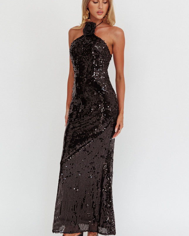 Black High Roller Flower Decoration Halter Dress Sequin