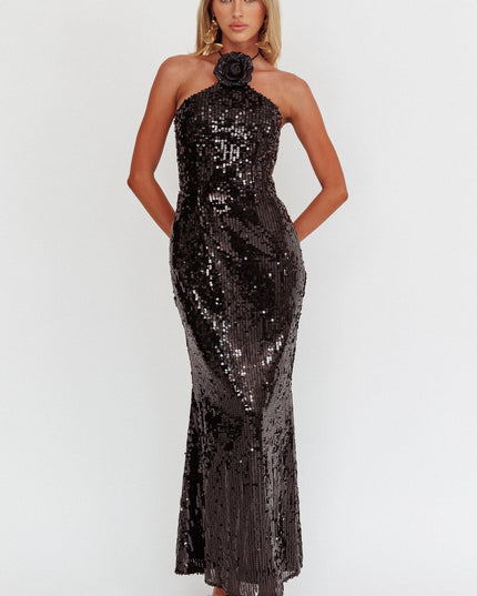 Black High Roller Flower Decoration Halter Dress Sequin