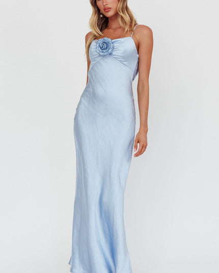 Blue High Roller Cowl Back Rosette Maxi Dress