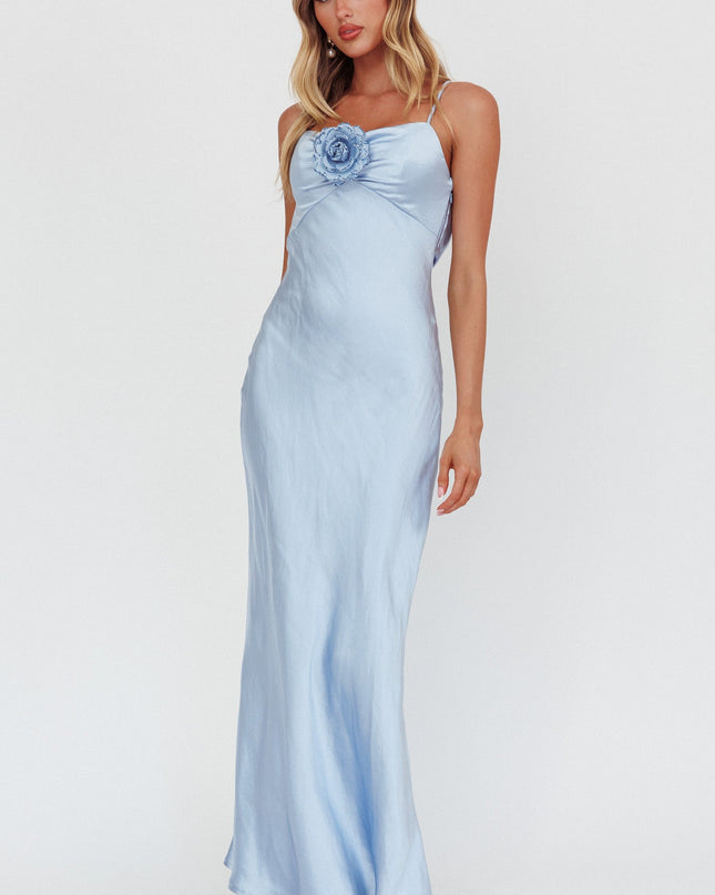 Blue High Roller Cowl Back Rosette Maxi Dress