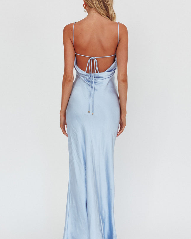 Blue High Roller Cowl Back Rosette Maxi Dress
