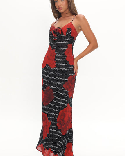 Black High Roller Rosette Maxi Dress Print