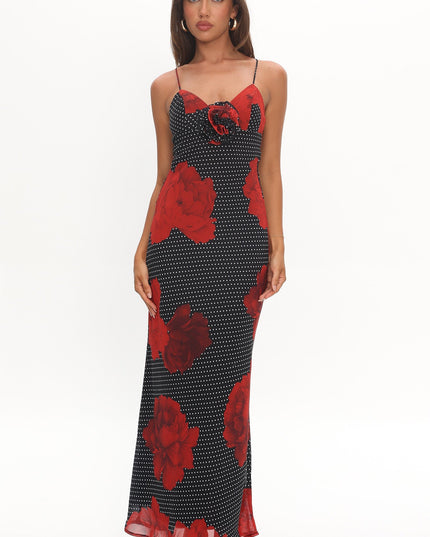 Black High Roller Rosette Maxi Dress Print