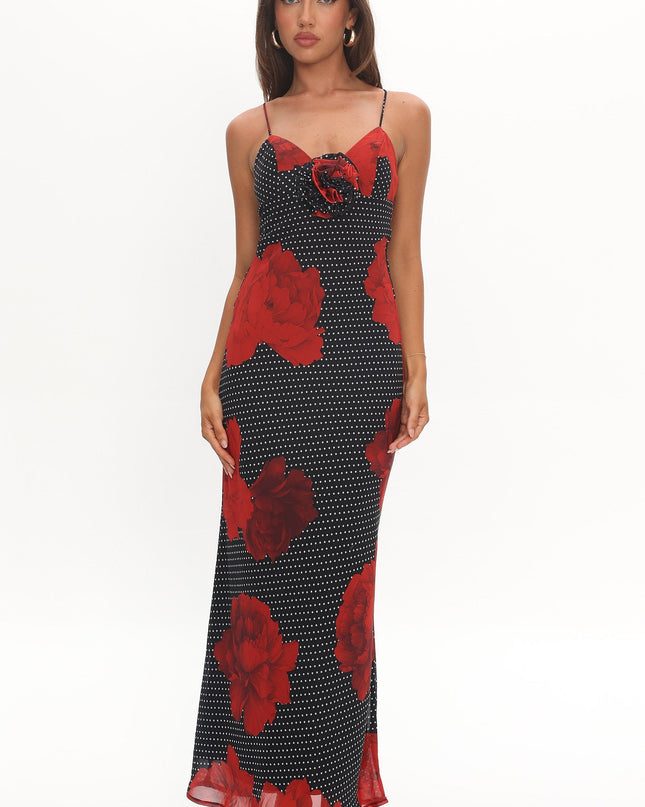 Black High Roller Rosette Maxi Dress Print
