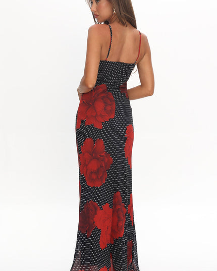 Black High Roller Rosette Maxi Dress Print