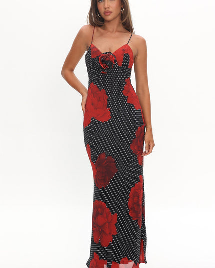 Black High Roller Rosette Maxi Dress Print