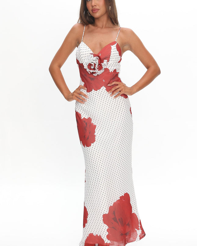 White High Roller Rosette Maxi Dress Print
