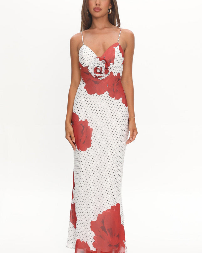 White High Roller Rosette Maxi Dress Print