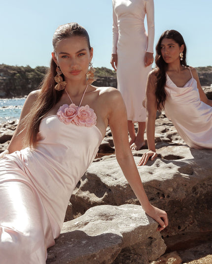 Baby Pink High Roller Flower Decoration Halter Dress