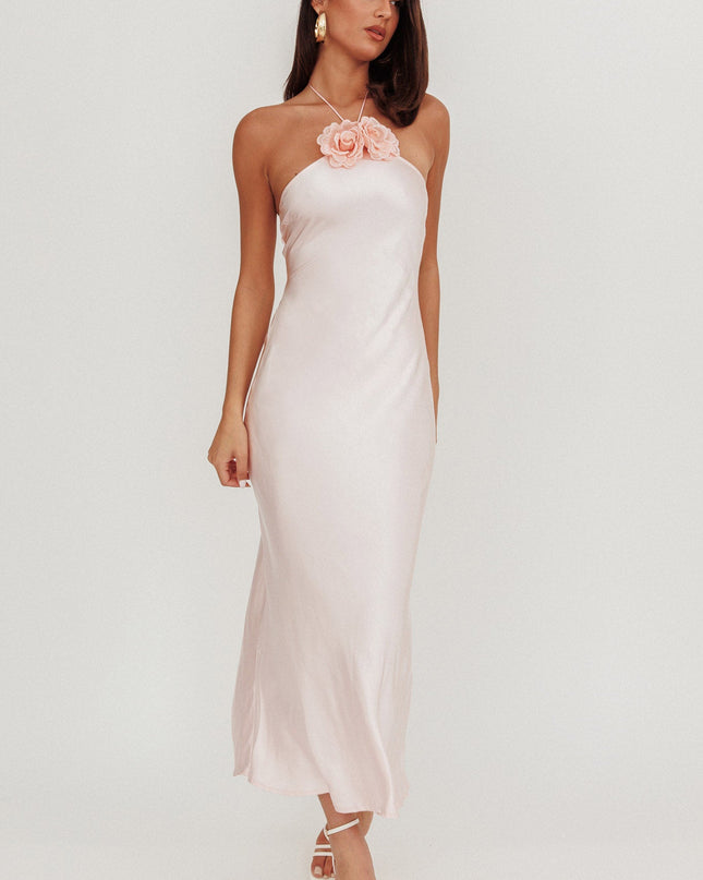 Baby Pink High Roller Flower Decoration Halter Dress