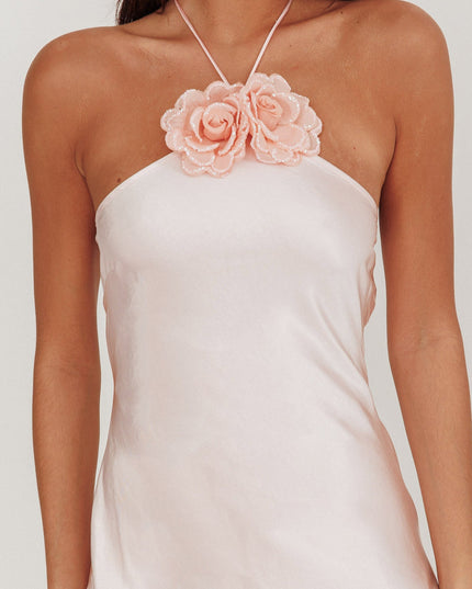Baby Pink High Roller Flower Decoration Halter Dress