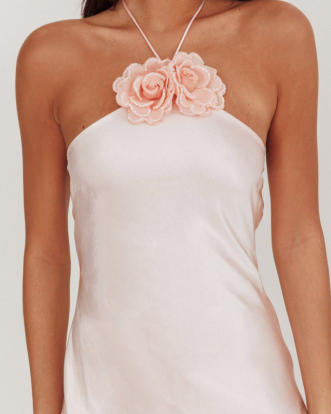 Baby Pink High Roller Flower Decoration Halter Dress