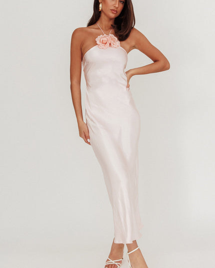 Baby Pink High Roller Flower Decoration Halter Dress