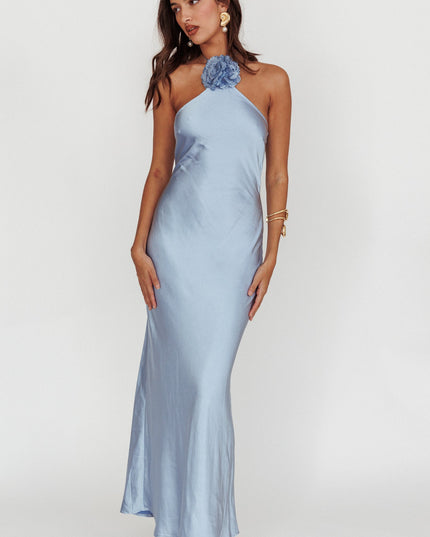 Blue High Roller Flower Decoration Halter Dress