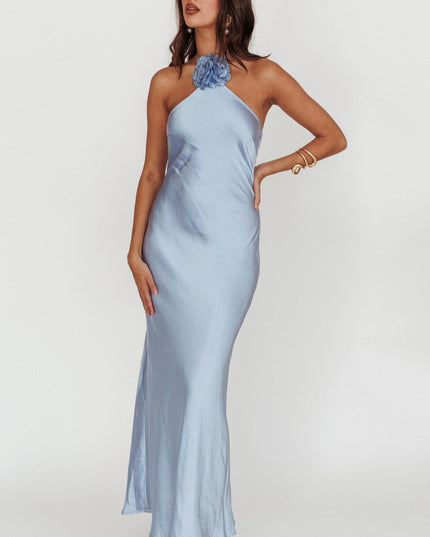Blue High Roller Flower Decoration Halter Dress