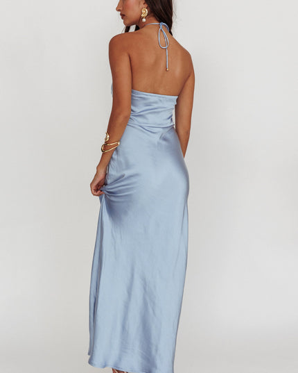 Blue High Roller Flower Decoration Halter Dress