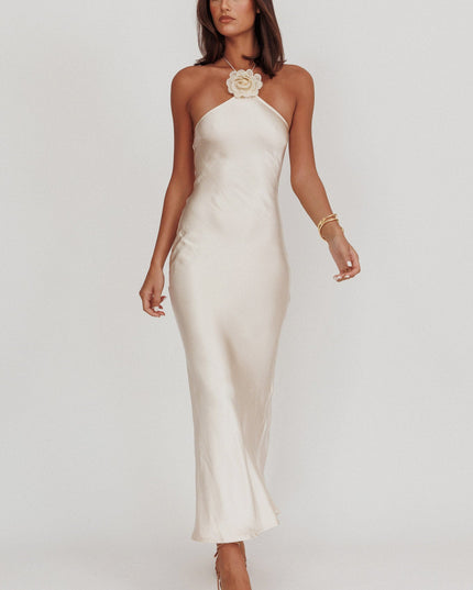 Champagne High Roller Flower Decoration Halter Dress