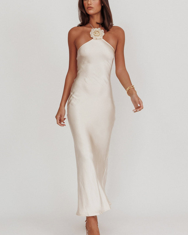Champagne High Roller Flower Decoration Halter Dress