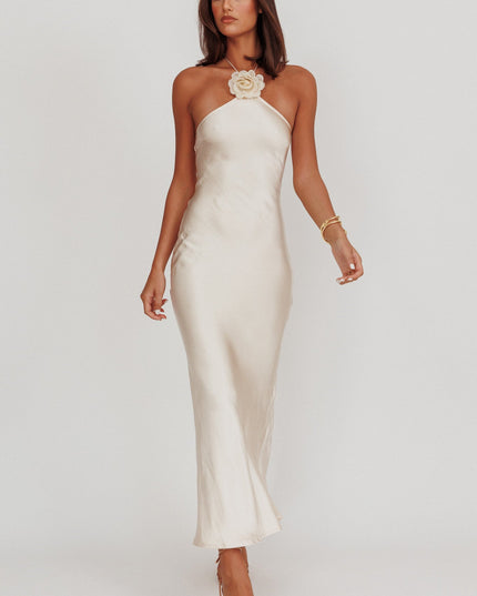 Champagne High Roller Flower Decoration Halter Dress