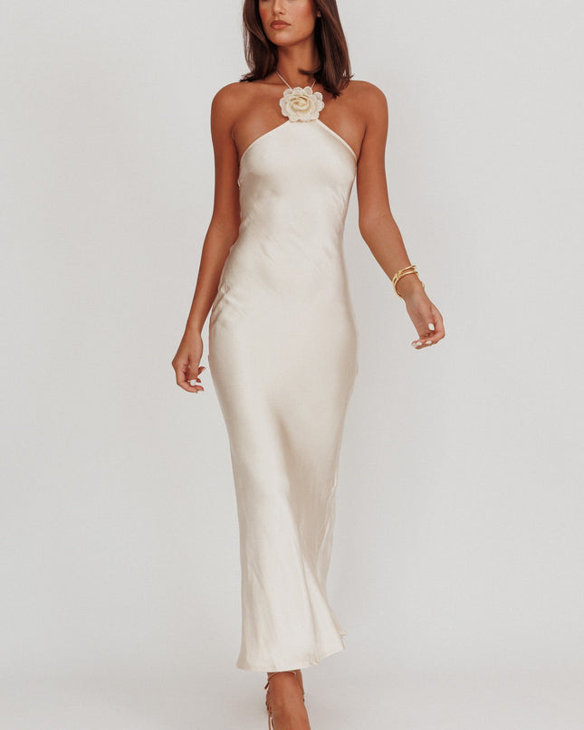 Champagne High Roller Flower Decoration Halter Dress