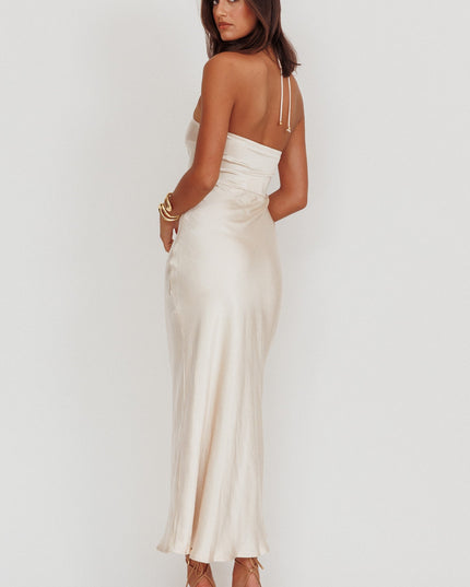 Champagne High Roller Flower Decoration Halter Dress