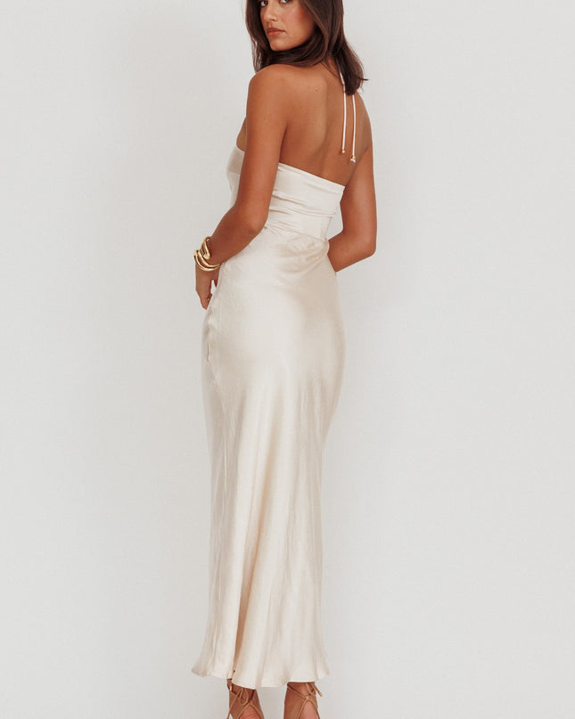 Champagne High Roller Flower Decoration Halter Dress