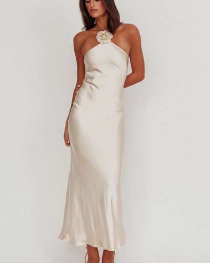 Champagne High Roller Flower Decoration Halter Dress