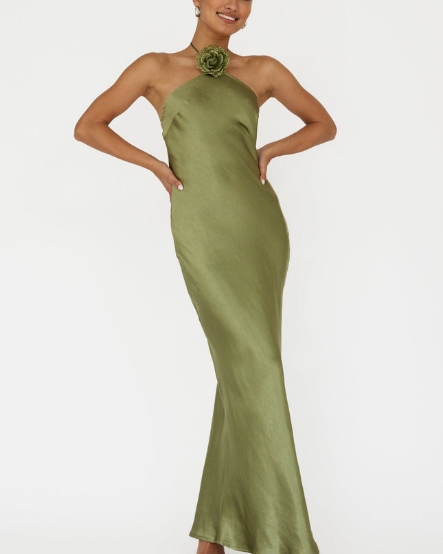 Olive High Roller Flower Decoration Halter Dress
