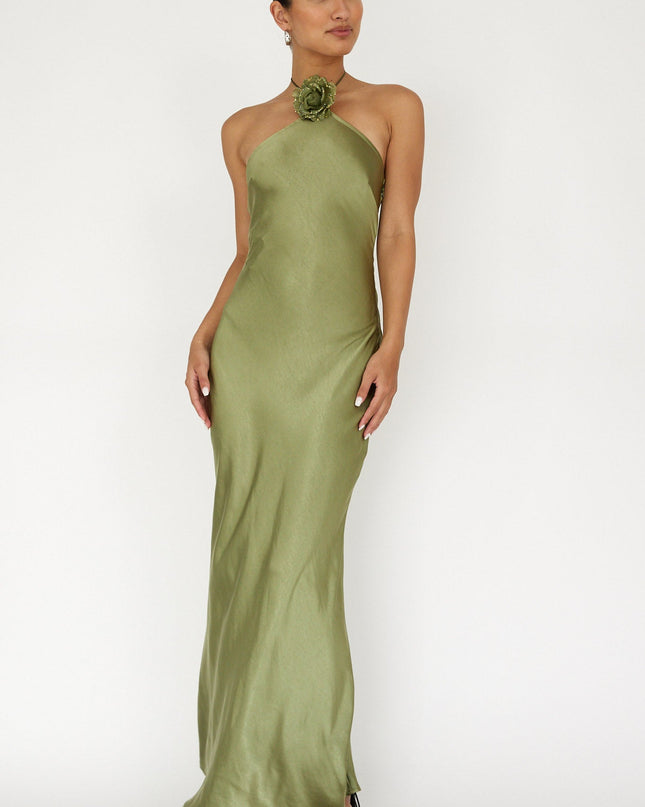 Olive High Roller Flower Decoration Halter Dress