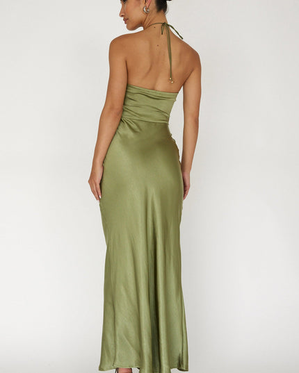 Olive High Roller Flower Decoration Halter Dress