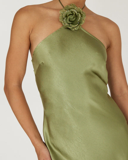 Olive High Roller Flower Decoration Halter Dress
