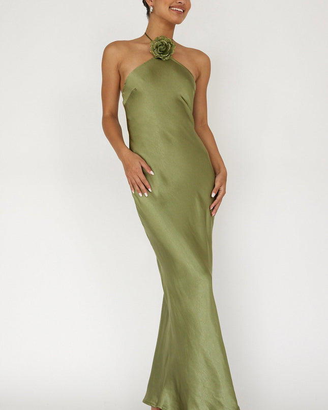 Olive High Roller Flower Decoration Halter Dress