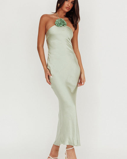 Sage High Roller Flower Decoration Halter Dress