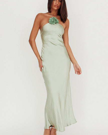 Sage High Roller Flower Decoration Halter Dress