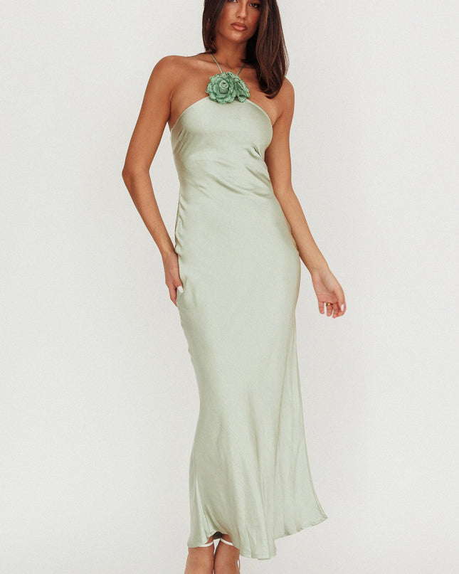 Sage High Roller Flower Decoration Halter Dress