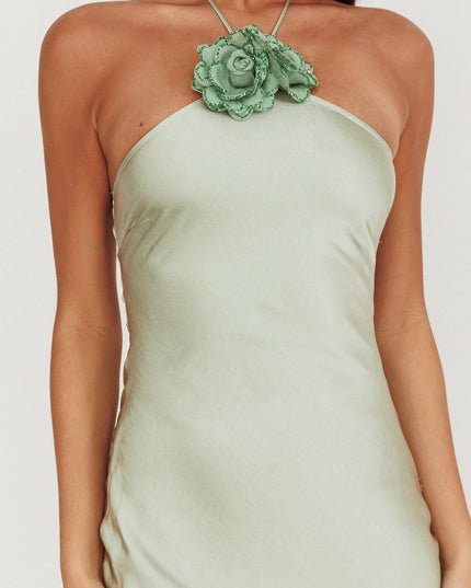 Sage High Roller Flower Decoration Halter Dress