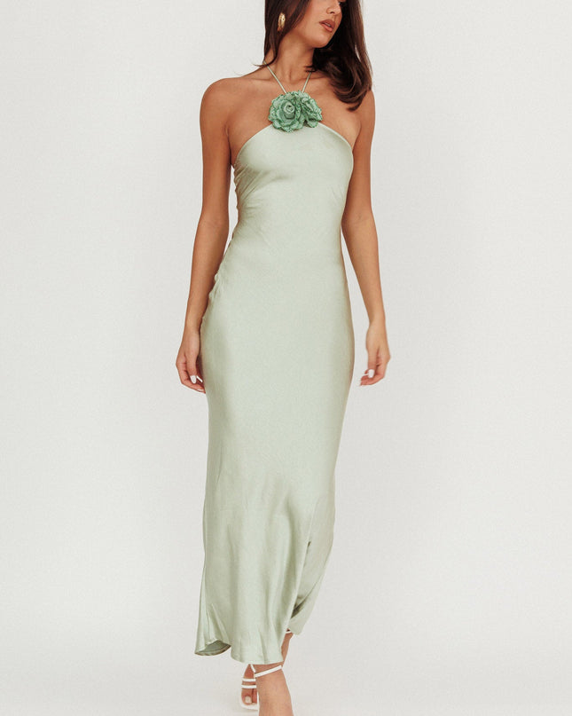 Sage High Roller Flower Decoration Halter Dress