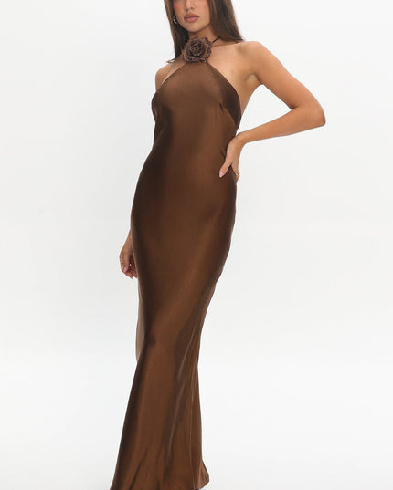 Chocolate High Roller Flower Decoration Halter Dress