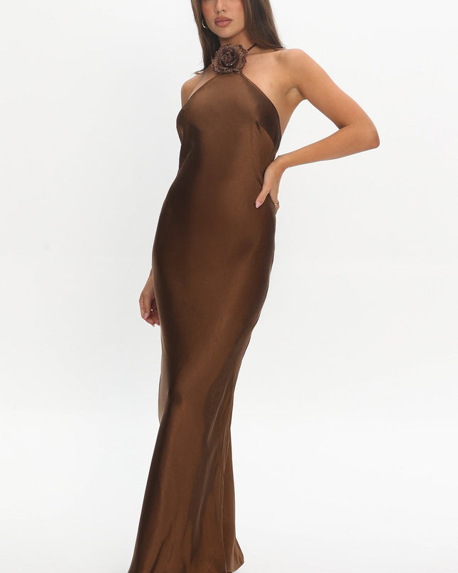 Chocolate High Roller Flower Decoration Halter Dress