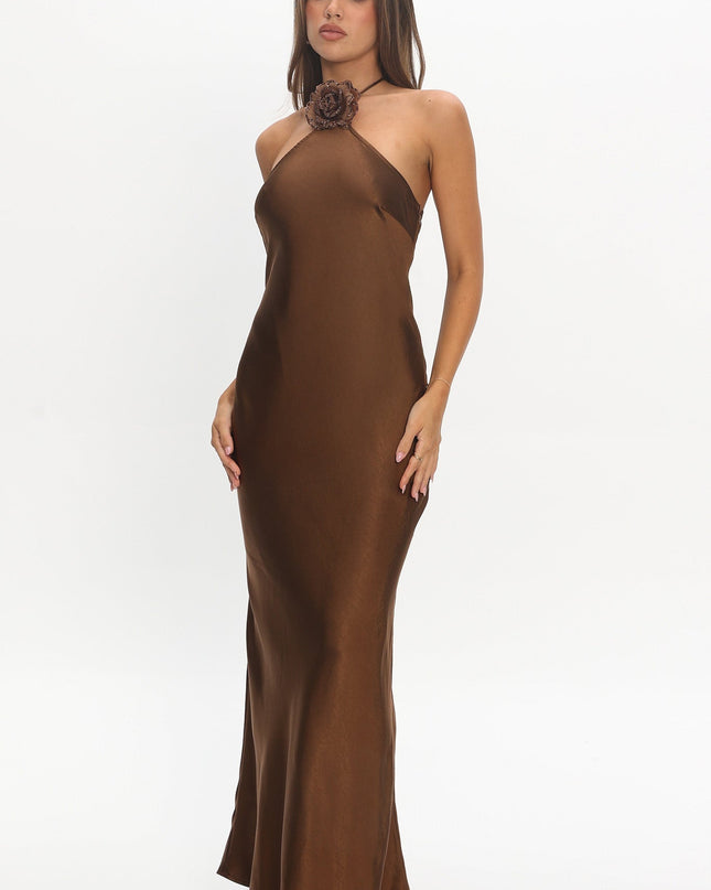 Chocolate High Roller Flower Decoration Halter Dress