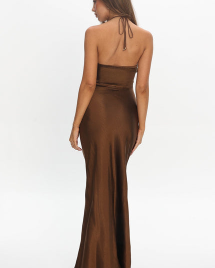 Chocolate High Roller Flower Decoration Halter Dress