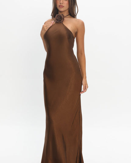 Chocolate High Roller Flower Decoration Halter Dress
