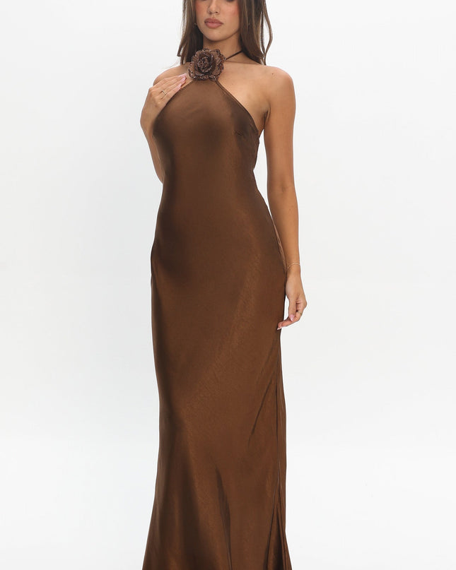 Chocolate High Roller Flower Decoration Halter Dress