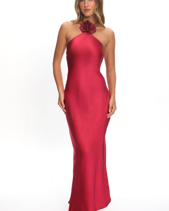 Wine High Roller Flower Decoration Halter Dress