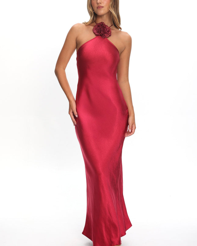 Wine High Roller Flower Decoration Halter Dress