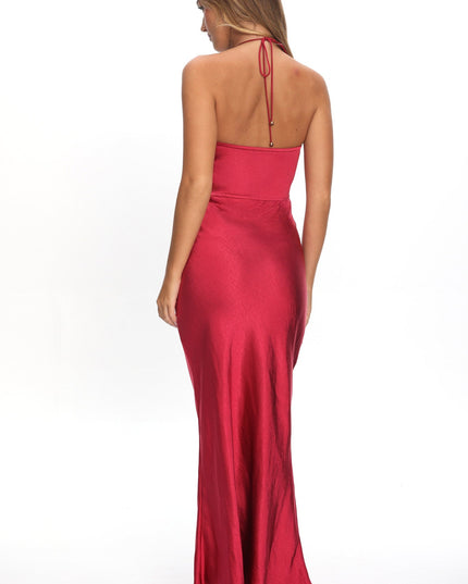 Wine High Roller Flower Decoration Halter Dress