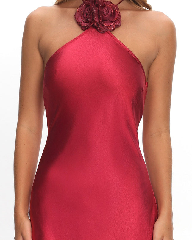 Wine High Roller Flower Decoration Halter Dress