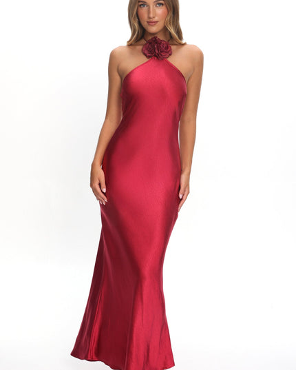 Wine High Roller Flower Decoration Halter Dress