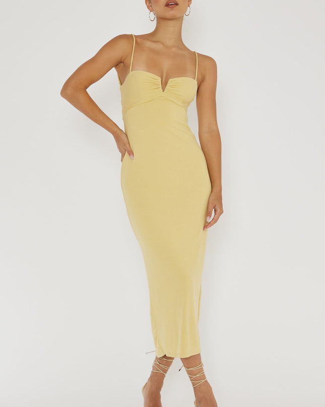 Lemon Twist Back Ribbed Midi Dress