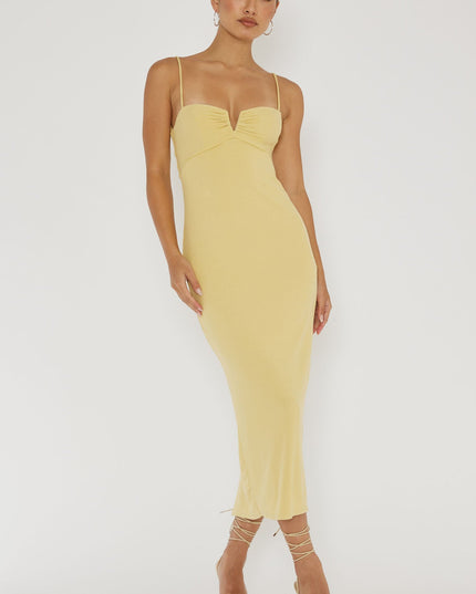 Lemon Twist Back Ribbed Midi Dress